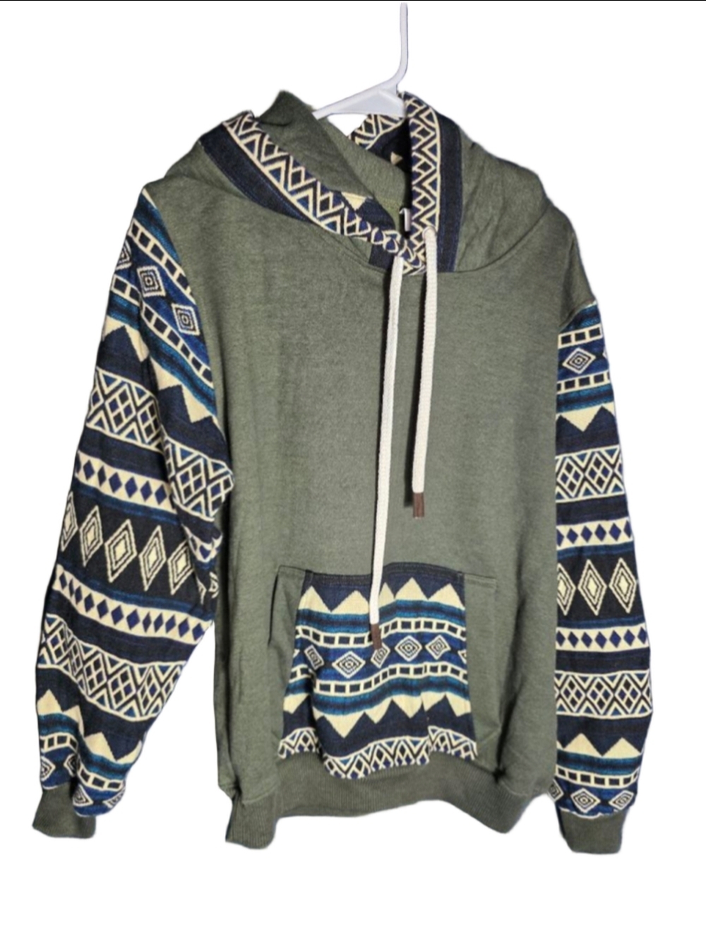 Men's Unbranded Olive Green & Blue Patterned Hoodie S Aztec handmade heavy 80's
